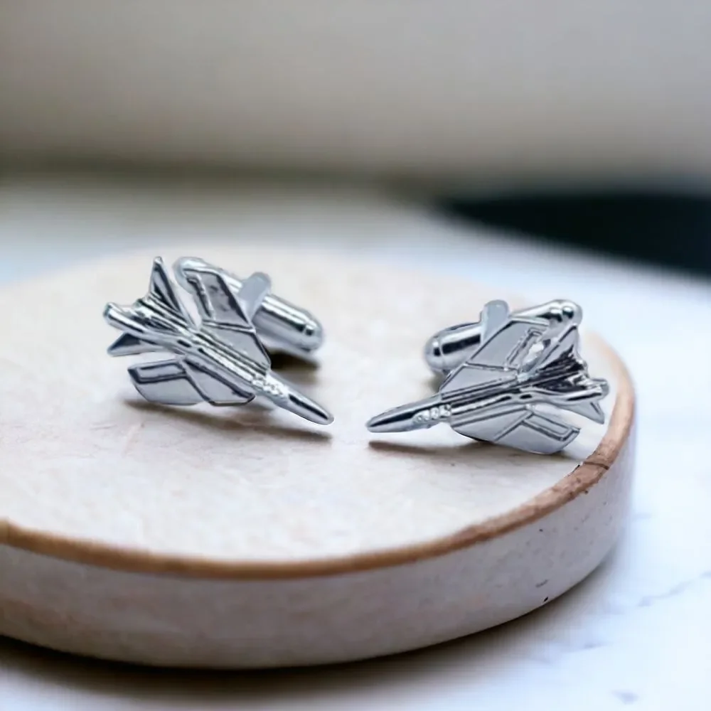Men's Fighter Jet Silver Cufflinks Tuxedo Formal Aviation Pilot Airplane Plane